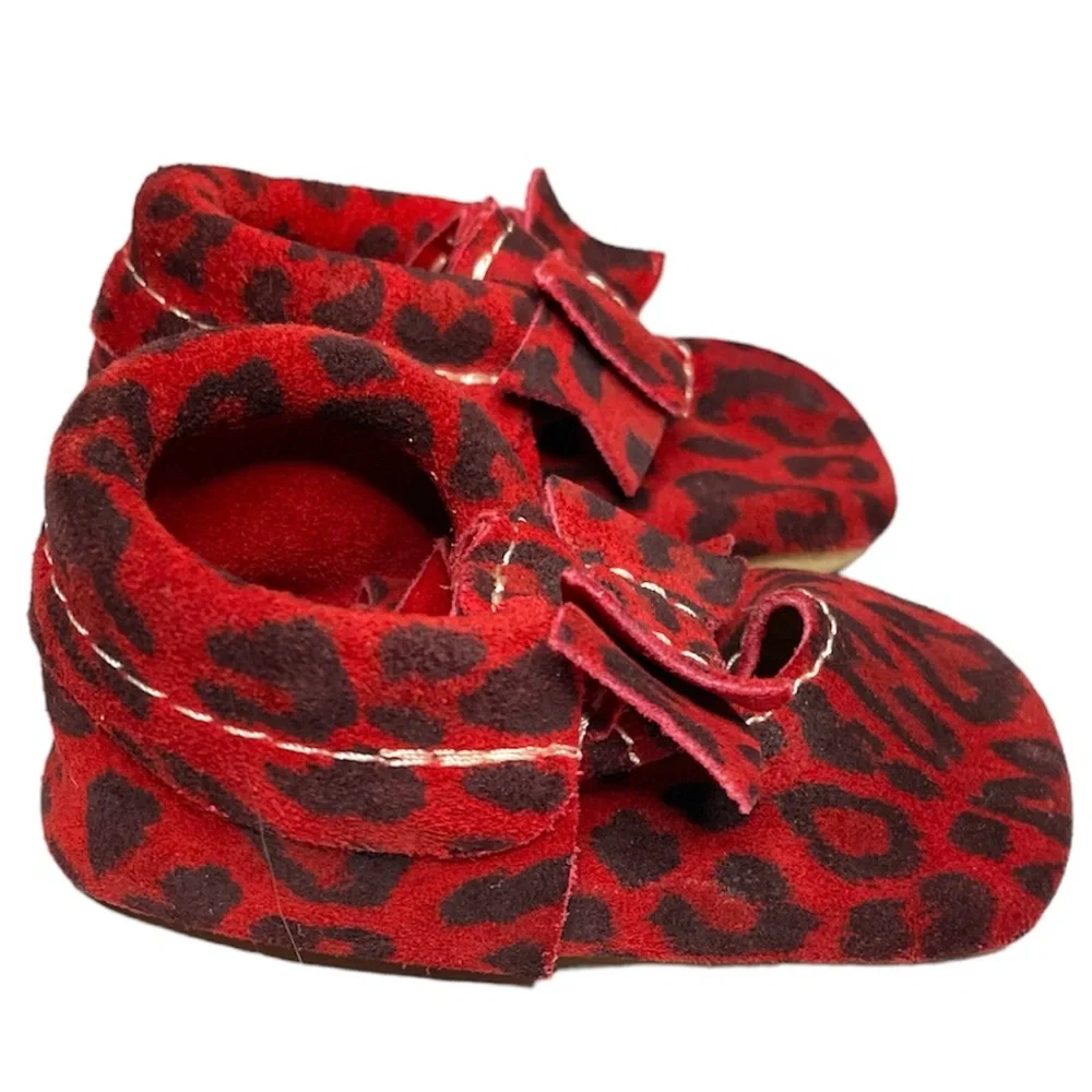 Freshly Picked Red Black Leopard Print Genuine Leather Moccasins Infant Size 1